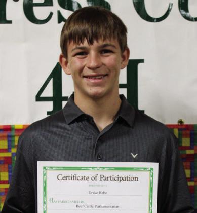 Drake Rabe participated in Beef Cattle and was High School Club Parliamentarian.