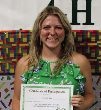 Savannah Rabe participated in Beef Cattle, and was a Healthy Texas Ambassador, Safe Sitter Instructor, High School Club President and scholarship recipient.