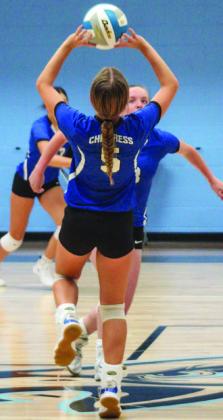 The varsity Childress Lady Cats set up for a spike during TLCA Tournament play Saturday, Aug. 13.