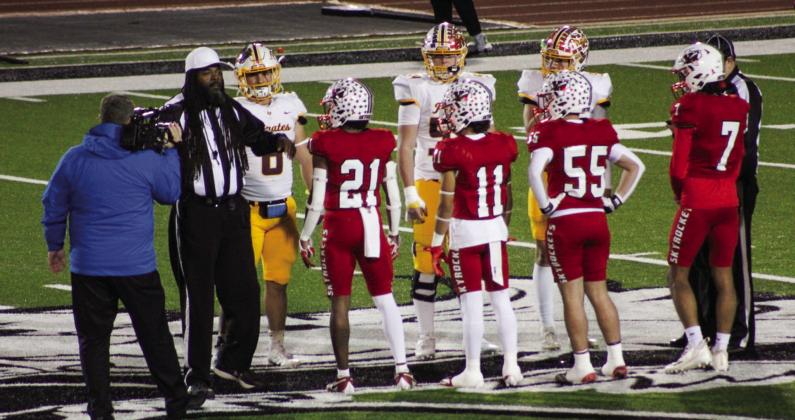 In the area round, Wellington senior captains Travon Lewis (21), TJ Salinas (11), Jackson Jones (55) and DeMarcus Lewis (7) close their high school football career against the Collinsville Pirates Friday, Nov. 22 in Iowa Park.