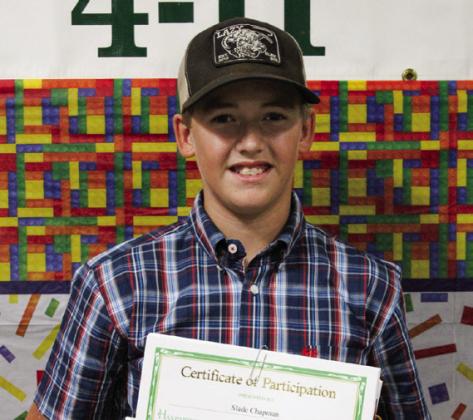 Slade Chapman participated in Consumer Education, Fashion and Interior Design, Livestock Judging, MeatScience,Photography,Shooting Sports – Archery, Rifle and Shotgun and Swine and was Elementary Club Vice President.