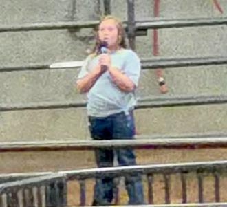 Monson Music Studio’s Kinzlee Willis, the eightyear-old daughter of Justin and Nicole Willis, of Childress, and a third-grade student at Childress Elementary School, performs the national anthem Sunday, Aug. 17 at the STS Summertide Championship at the Mashburn Event Center and Arena.