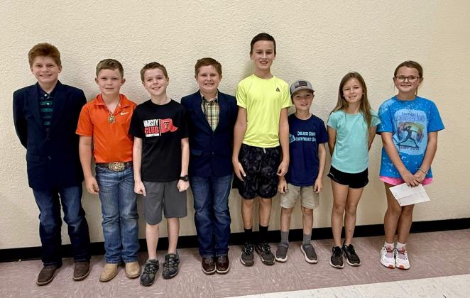The 2025-2026 Childress County 4-H Elementary Club Officers include, from left, Third Vice President David Rister, President Kage Whitaker, Reporter Rhett Schaefer, Second Vice President Daniel Rister, Parliamentarian Carter Keys, Treasurer Dawson Adcock, Secretary Emma Keys and First Vice President Cambri Willis. Childress County 4-H