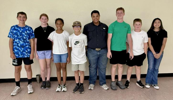 The 2025-2026 Childress County 4-H Junior High Club Officers include, from left, President Quay Bruce, First Vice President Liesel Schaefer, Secretary Brantly Session, Treasurer Wyatt Elliott, Reporter Blaze Session, Parliamentarian Ryker Schaefer, Second Vice President Kolt Whitaker and Third Vice President Esme Estrada.