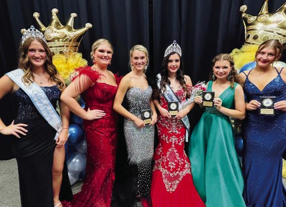 Miss Cotton Country 2023 Audrey Jones, of Wellington, left, congratulates the 2024 queen court. The winners include Serenity Spohn, Most Photogenic, Claude; Maggie Tillman, second runner-up, Wellington; Mallory O’Rear, Miss Cotton Country, Wellington; Foster Tischler, first runner-up, Altus, Okla.; and Alee Davis, third runner-up, Tipton, Okla.