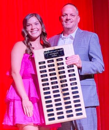 Wellington High School junior Ceighley Killian accepts the Girls’ Basketball Fighting Heart Award, presented by Coach Shannon Fisher.
