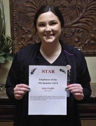 As a medical lab tech at Collingsworth General Hospital, Abby Proffitt not only draws labs and runs tests with a great attitude but is a joy to work with and understands the new Meditech computer system, reasons for which she earned the 2024 fourth quarter STAR award. Photo Courtesy of Collingsworth General Hospital