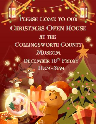 Located on the west side of the Collingsworth County courthouse square, Collingsworth County Museum will host its annual Christmas Open House from 11 a.m.-3 p.m. on Friday, Dec. 19. Adorned in its festive attire, step into the Ellis Art Center for an array of finger foods and holiday sips. On the way into the former Pruden Building, notice the winter wonderland window displays, updated entry and refurbished Wellington Leader exhibit. Collingsworth County Museum