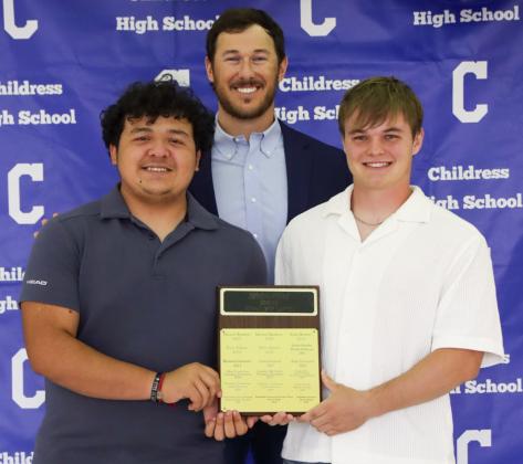 Marcus Mendez, left, and Ben Oldham, right, receive the Bobcat Powerlifting Most Valuable Player Award, presented by Coach Reid Ware.
