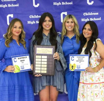 Journey Prince receives the Lady Cat Softball Offensive Most Valuable Player Award (MVP), Ansley Parr receives the Lady Cat Softball Defensive MVP Award and Addi Edmondson receives the Fighting Heart Award, presented by Lady Cat Head Softball Coach Charlsi Bozeman. From left: Parr, Prince, Bozeman, Edmondson.