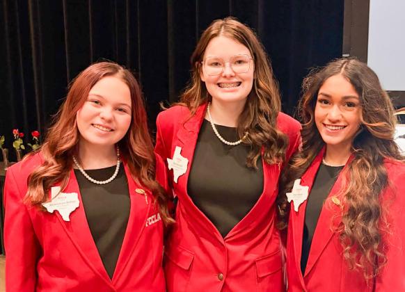 Region I Family, Career and Community Leaders of America (FCCLA) Officers, from left, Emma Britten, Vice President of Projects, Zoe Detwiler, Vice President of Parliamentary Law, and Inani Bhoja, Vice President of Programs, close out their terms at the Region I Leadership Conference. While Britten plans to return to the competition floor next year, Bhoja will serve as a Texas State Officer, and Detwiler will serve as the Region I Vice President of Public Relations.