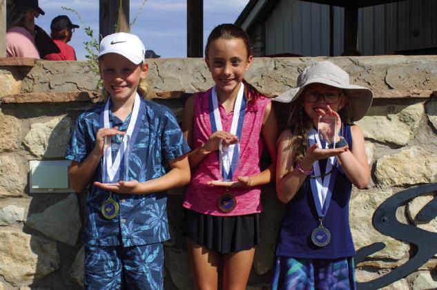 Kindergarten through third-grade girls accept end-ofyear awards. From left: Skylar Williams, first, Childress; Ela Lankford, second, Childress; and Jaklyn McGee, third, Childress.