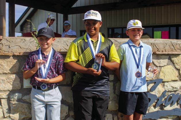 Fourth through fifth-grade boys accept end-of-year awards. From left: Nicholas Rascoe, first, Quanah; Braxton Maddox, second, Memphis; and Case Cruse, third, Childress.