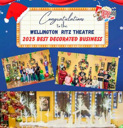 The Collingsworth County Chamber of Commerce congratulates the historic Wellington Ritz Theatre for being chosen the 2025 Best Decorated Business. Elegantly attired in shimmering Christmas trees and sparkling holiday trinkets, be sure to view both the interior and exterior holiday décor.