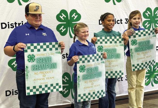The Childress County 4-H Junior Division Ag Product ID team of Jaxon Foley, Hannah Parker, Brantly Session and Gracie Eikman take a first-place finish. Eikman also received a first-place individual finish, leading the team to victory.
