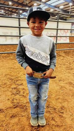 Makaih Hurd, of Childress, takes home the mutton bustin’ buckle at the Childress County Old Settlers Rodeo Saturday, April 22 at the Mashburn Event Center and Arena. Photos Courtesy of Childress County Old Settlers Rodeo Association