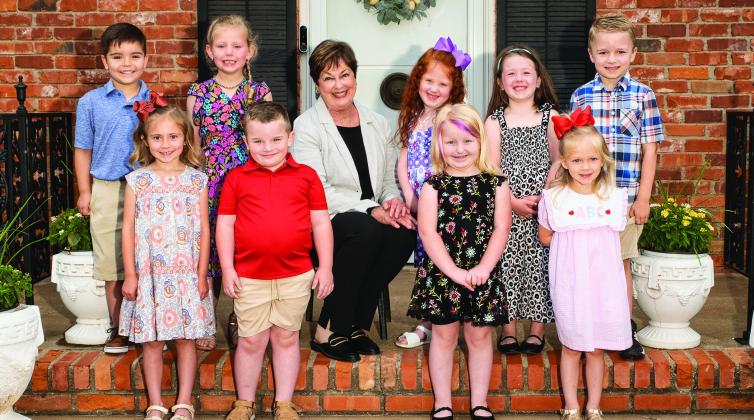 Four- and five-year-old 2023-2024 Tiny Texan Preschool graduates. Back row, from left: Noah Maldonado, Evvy Kaas Kinney, Director Carol Freeman, Rylee Longbine, Emarie Pratt, Logan Keys. Front row, from left: Stetlee Vest, Jackson Carter, Koree Hinton, Monroe Allred.