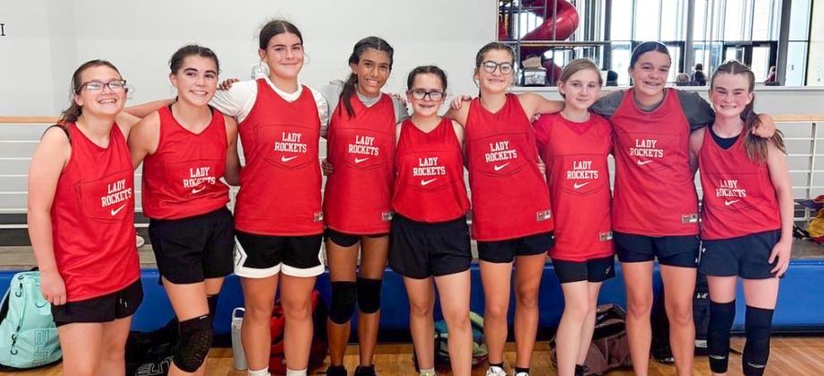 The eighth-grade Wellington Lady Firecrackers compete in a recent basketball camp in Elk City, Okla., developing basketball skills and learning new drills. From left: Abbygale Torrez, Quinn Roberson, Rachel Strickland, Seveyah Pena, Natalia Duran, Evelyn Henard, Veva Finnegan, Kenzlea Taylor, Tatum Martin. COURTESY PHOTO