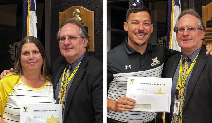 Austin Elementary School secretary Laressa Rowland, left, and Memphis Middle School science teacher and coach Jared Casas, right are named the Memphis Independent School District (ISD) April Employees of the Month. Memphis ISD Superintendent William Alexander presented each with a $25 check, courtesy of First Bank and Trust, as well as a certificate. Photos Courtesy of Memphis ISD