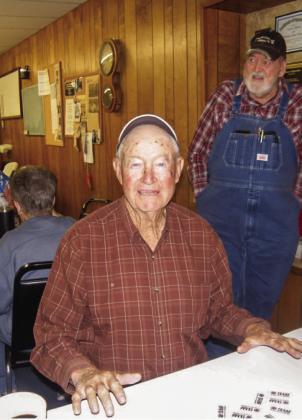 One of the regular foursome domino players at the Childress Senior Citizens Center’s Thursday luncheon, FranklingWyatt, celebrated his birthday at the center. In the background, standing, is Bill Watts. The four players, the center’s most enthusiastic at the domino table, took a short break from their game for a photo. Photos by Grace Holman