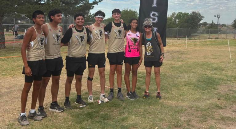 Memphis Cross Country Team opened the 2026 season running at the Rattlesnake Round-Up in Guymon. Members of the team are Tyler Robison, Demitri Sanchez, Richard Garcia, Javier Rodriguez, Hutch Ollinger, and Violet Buckner with Coach Branigan.