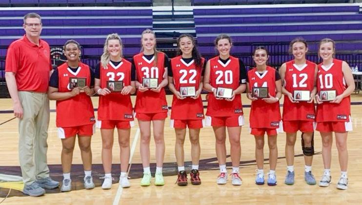Bryn Phillips, right, and Brynlee Proffitt, fourth from right, play on the North team in last week’s all-star games in Canyon.