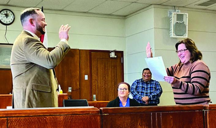 Childress County Judge Kim Jones swears in Childress County Sheriff Matthew Bradley, former Childress Police Sergeant, Monday, Nov. 14. The Red River Sun/Elizabeth Tanner