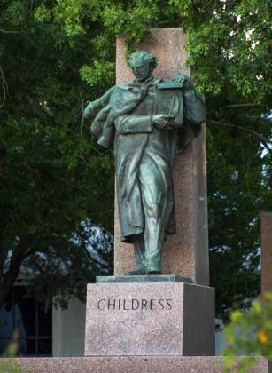 A statue of George Campbell Childress graces Washingtonon- the-Brazos State Park.