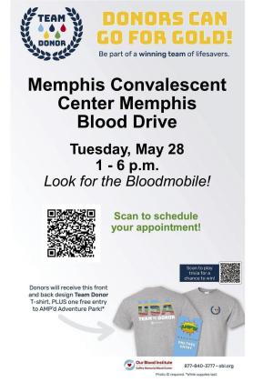 Be part of a winning team at Coffee Memorial Blood Center’s Memphis Community Blood Drive from 1-6 p.m. Tuesday, May 28 at Memphis Convalescent Center. Donors will receive a “Team Donor” T-shirt, plus one free entry to AMP’d Adventure Park. To make an appointment, call 877-- 340-8777, visit obi.org or scan the QR code above. Photo identification is required to donate. Donors must be at least 17 years old or 16 years old with signed parental consent. Graphic Courtesy of Coffee Memorial Blood Center