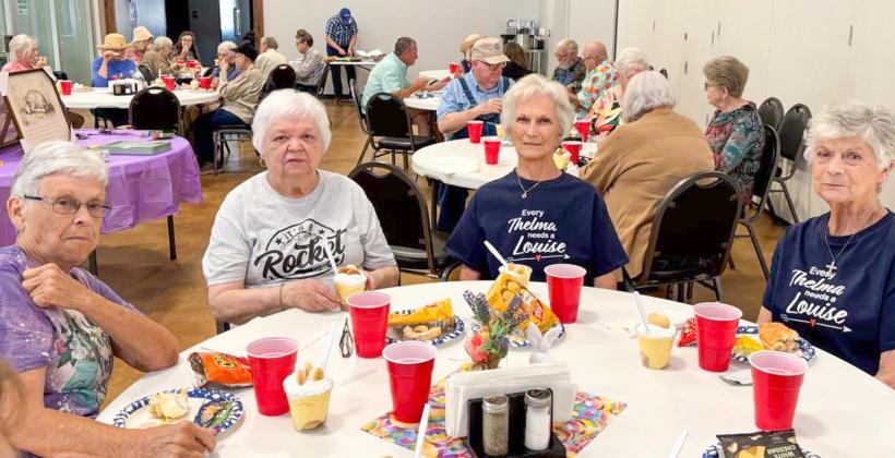 Members of the Wellington Senior Citizens Center dine on a picnic-themed meal of sub sandwiches, vegetables, chips and banana pudding, catered by Angel’s Subs &amp;amp; Sweets, for the Thursday, March 19 “Welcome, Spring” social. From left: Brenda Barton, Alta Porter, Beverly Rae, Pat Roberson. Wellington Senior Citizens Center