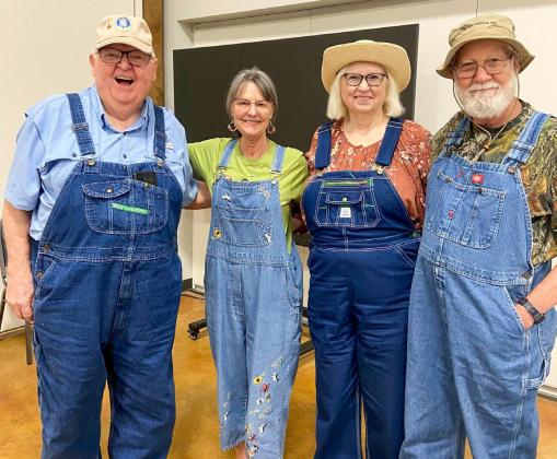 Attired in plant swapping overalls, Wellington seniors gather for a fun evening of a “Plant Swap and Bingo.” Several brought plants, cuttings or bulbs for the optional plant swap during the recent social. From left: Jerry Haralson, Dawn Dockter, Karon Sain and Oran Sain.