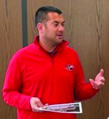 Wellinton High School Principal Jermaine Cantu explains to the Collingsworth County Retired School Personnel the goal of Wellington Independent School District for the students, and the various paths that students can take to reach that goal.