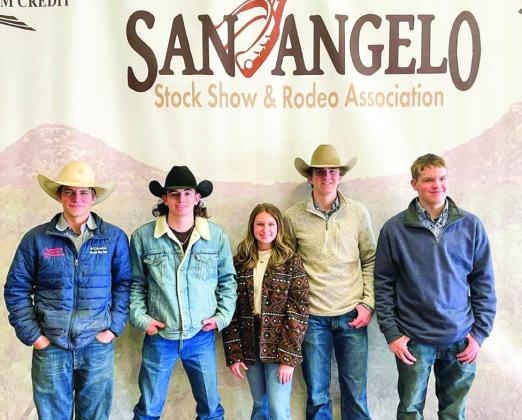 Childress FFA Ag Mechanics students Riggin Brents, Levi Schaefer, Kady Belle McInturf, Jett Teague and Tuck Detwiler compete at the statewide Ag Mechanics Contest at the recent San Angelo Stock Show and Rodeo, earning blue ribbons. Projects included a 12x6 flatbed trailer, built by Teague and Schaefer; a rocket cooker, a portable woodburning camping stove, by Detwiler; a jack-a-jig, a hydraulic trailer jack, by McInturf; and spurs and a bit by Brents. Courtesy Photos