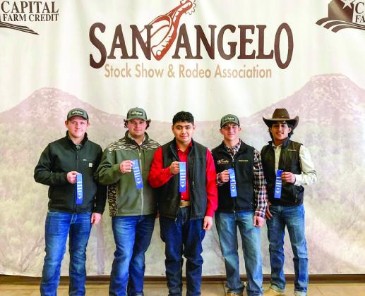 Memphis FFA Ag Mechanic students Hayden Rutledge, Sean Murphy, Israel Rivera, Jase Middleton and Gabriel Zuniga bring home blue ribbons at the San Angelo Stock Show and Rodeo Ag Mechanics Contest. Projects included spurs by Zuniga; a topside creeper, a device used for leaning over while work on a vehicle, by Rutledge; a picnic table, complete with a cooler in the middle, by Murphy; a table by Rivera; and a bench by Middleton.