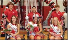 Skyrocket Football Queen Audrey Jones and Skyrocket King Ramon Rodriguez are coronated last Friday afternoon, Sept. 15 during the homecoming pep rally. Front row, from left: second runner-up Madeleine Kane, Jones, second runner-up Presley Kane. Back row, from left: second runner-up Gatlin Guy, Rodriguez, first-runnerup Carson Tarver.