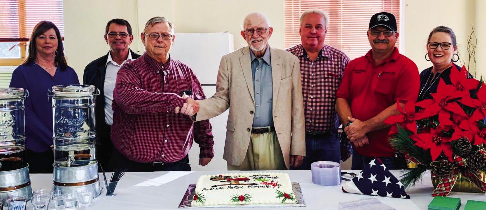 The Collingsworth County Commissioners Court gathers to celebrate the retirement of Judge John James and Pct. 4 Commissioner Kirby Campbell with a reception. From left: Collingsworth County Clerk Jackie Johnson, Pct. 2 Commissioner James Ellis, James, Campbell, Pct. 3 Commissioner Joel Sherwood, Pct. 1 Commissioner Farris Nation and County Treasurer Gina Harris. Courtesy Photos