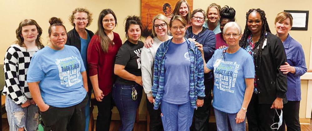 OnFriday,Oct.7,Collingsworth General Hospital (CGH) said “so long” to longtime nursing assistant Valerie Vaughn-Mathews, who served patients for over 10 years. “We love her and will miss her tremendously,” said CGH Chief Nursing Officer Vikki Barton. From left, Saydee Castor, Nancy Salas, Sonia Jones, Kelli Killian, Jasmine Ryan, Brooke Zuniga, Vaughn-Mathews, Shanna James, Shelly McWhorter,VikkiBarton,Cindy Mary White, Sarah Jett, Brandy Thomas, Payton Darrow. Courtesy Photo