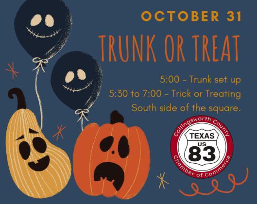 “Trunks” are invited to begin set-up at 5 p.m. on the south side of the Collingsworth County Courthouse Square Monday, Oct. 31. For the Collingsworth County Chamber of Commerce’s Trunk-or-Treat event from 5:30-7 p.m. Courtesy Image