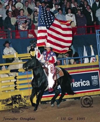 Selah Smith’s outfit for the 2024 Wrangler National Finals Rodeo is a replica of the shirt her mother, Jennifer Smith, wore carrying the flag as Miss Rodeo America in 1995. Courtesy Photo