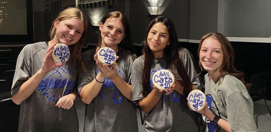 Childress Lady Cat volleyball players Sophie Stephens, left, Brinley Stone, Angelica Torres and K’Lynn Petty celebrate teammate Journey Prince’s birthday.