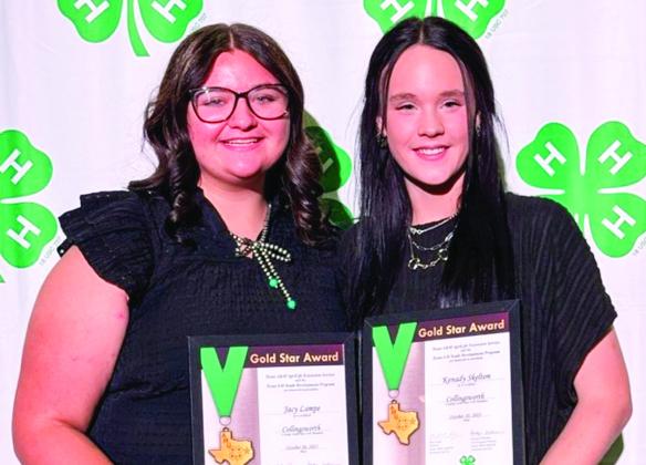 Wellington High School seniors Jacy Lampe, left, and Kenady Skelton each receive the 4-H Gold Star Award at the recent District 1 Gold Star Banquet on the campus of West Texas A&amp;amp;M University in Canyon. Collingsworth County AgriLife Extension Agent Kenny Patterson accompanied the youth to the event.