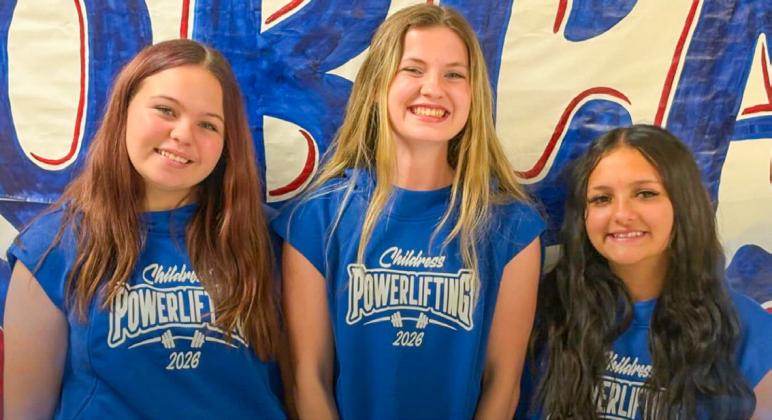 Regional qualifiers Emma Britten, Piper Timmons and Thalia Martinez compete at the Region 1 Division 3 Regional Championships Saturday, March 7 in Big Lake, where the trio secured new personal records. Childress Bobcat Boosters