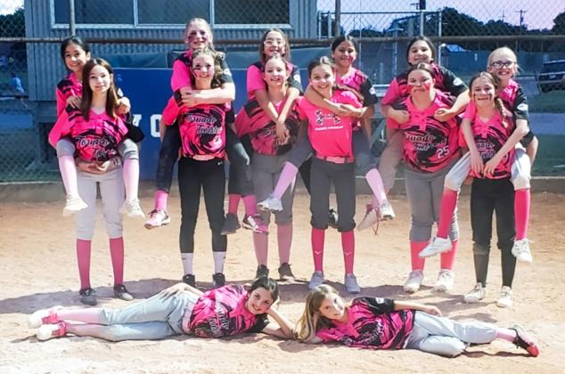 The Tornado Twisters go undefeated on the season. Standing, from left: Oaklynn Fuller, Allison LaCario, Kyleigh Garrison, Raynee Arnn, Virginia Meade, Zoey Thrash, Robyn Torres, Rayliegh Duran, Kamri Martinez, Teagann Britten, Olivia Fuller, Paisley Jackson, Paisley Egerton, Remi Thomas. Lying, from left: Paisley Egerton, Remi Thomas. COURTESY PHOTO