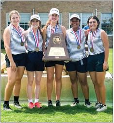 The Memphis Lady Cyclone team, including Katelyn Morris, left, Braylee Brooks, Maggie Cook, Kiyonna Matthews and Eliana Gonzalez, take bronze at the UIL Class 2A Girls’ Golf State Tournament on Tuesday, May 23 at Lions Municipal Golf Course in Austin. Courtesy Photo