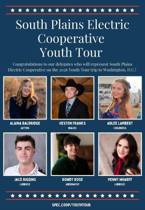 Childress High School’s Adlee Lambert recently won the annual South Plains Electric Youth Tour contest, which includes a $1,500 scholarship and an all-expense-paid trip to Washington, D.C. South Plains Electric Cooperative