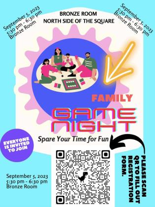 Join Memphis Independent School District (ISD) for Family Game Night from 5:30-6:30 p.m. Tuesday, Sept. 5 in the First Bank and Trust Bronze Room. To register, scan the QR code above. Graphic Courtesy of Memphis ISD
