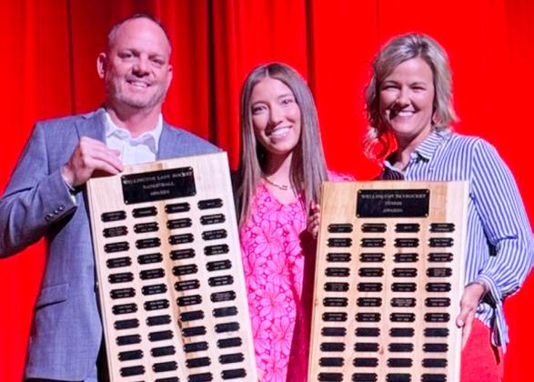 Wellington High School Senior Brynlee Phillips garners the Girls’ Basketball Defensive Award, presented by Coach Shannon Fisher, and the Tennis Most Valuable Player Award, presented by Coach Amy Inman.