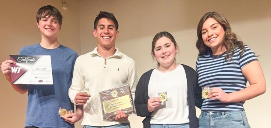 The Current Events and Issues team of Wellington High School (WHS) earns the championship at the 2A UIL Region 1 Academic Meet on Friday, April 24 at West Texas A&amp;amp;M University in Canyon. From left: Dixon Dugan, Noah Cantu, Ava Peters, Treylea Wiebe. WELLINGTON HIGH SCHOOL