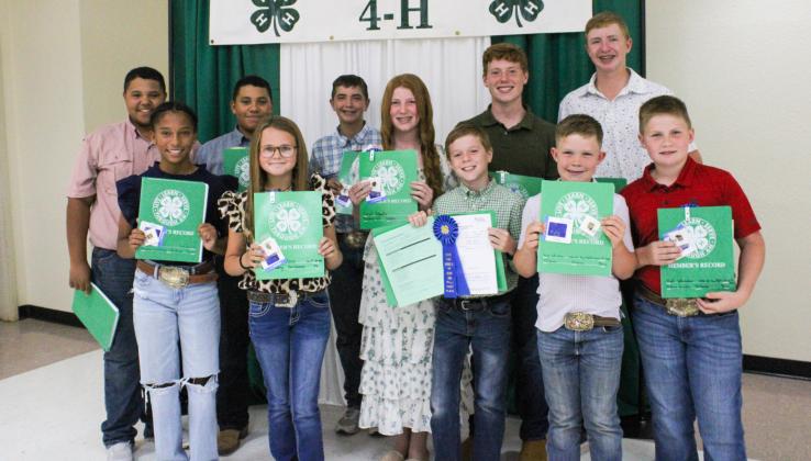 Record Book Award recipients include, back row, from left: Blaze Session, Bryson Session, Quay Bruce, Liesel Scheafer, Ryker Schaefer, Sterling Bruce, and front row, from left, Brantly Session, Cambri Willis, Rhett Schaefer, Kage Whitaker, Kolt Whitaker.