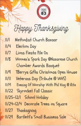 Looking for fun fall entertainment? Check out the list of November events compiled by Collingsworth County Chamber of Commerce. For additional information, visit the Collingsworth County Chamber of Commerce on Facebook. Collingsworth County Chamber of Commerce